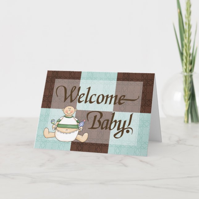 Blue & Brown Welcome Baby Boy Herzlichen Glückwuns Karte (Vorderseite)