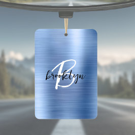 Blue Brushed Metal Black White Script Monogram  Autolufterfrischer