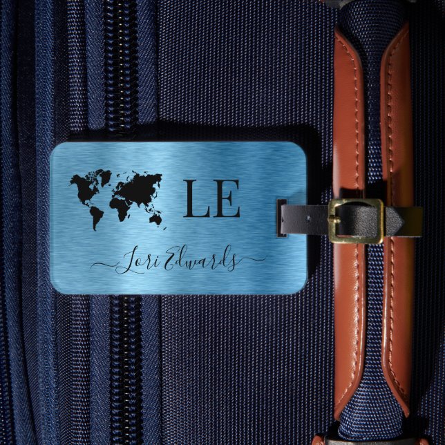 Blue Brushed Metallic Custom Travel Luggage Tag Gepäckanhänger (Vorderseite Insitu 4)