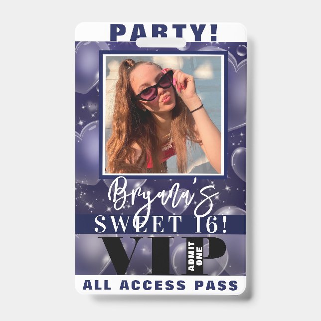 Blue Bubble Hearts Geburtstagsparty VIP Pass Abzei Ausweis (Vorderseite)