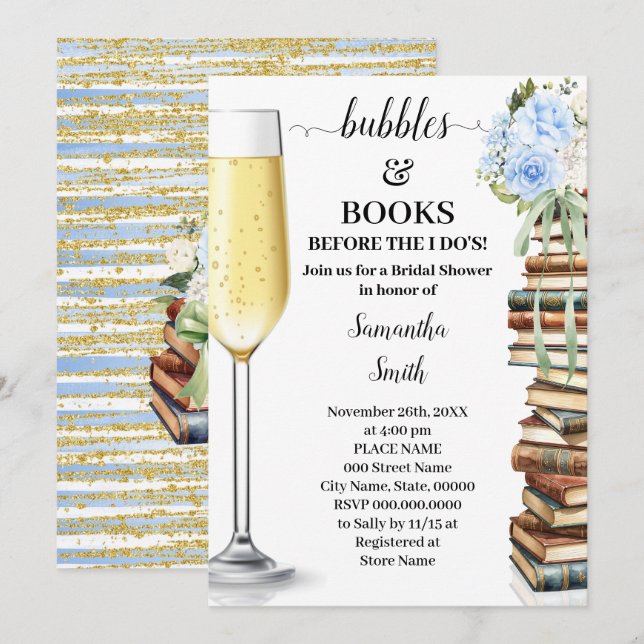 Blue Bubbles & Books Before I do Bridal Shower Einladung (Vorne/Hinten)