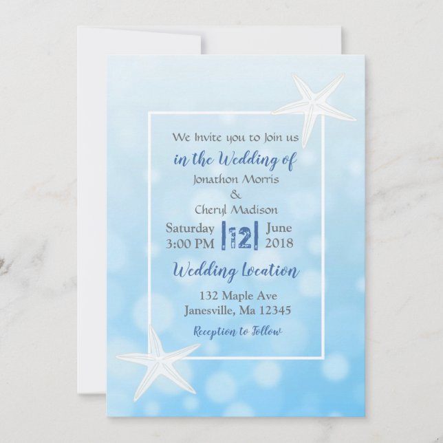 Blue Bubbles Starfish Plage Mariage Invitations (Devant)