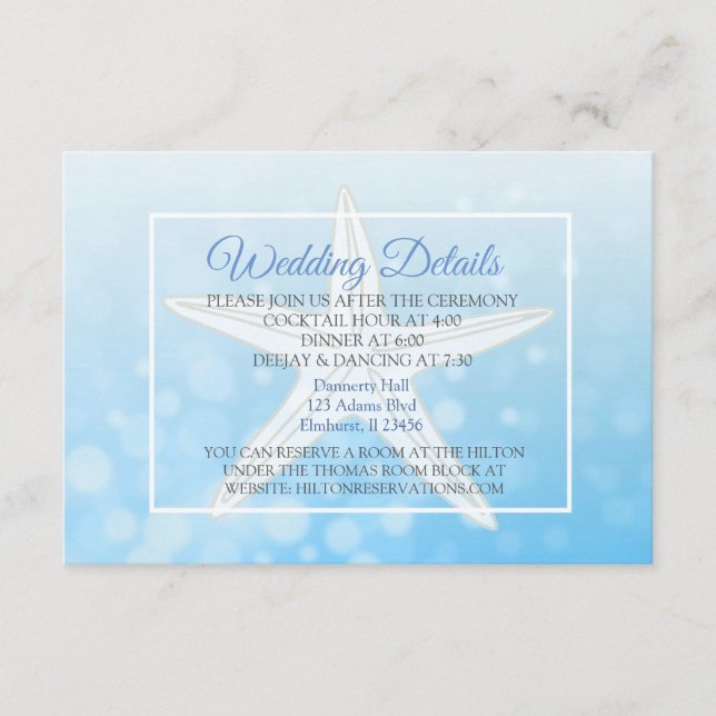Blue Bubbles Starfish Wedding Details Card Begleitkarte (Vorderseite)