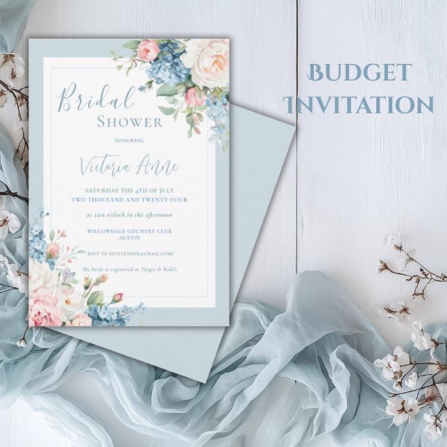 Blue Budget Floral Hydrangea Elegantes Brautparty Einladung (Von Creator hochgeladen)