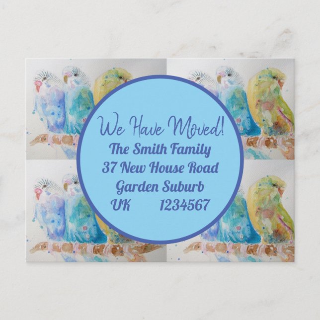 Blue Budgie Art Nouvelle Adresse Carte Postale Nou (Devant)