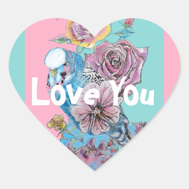 Blue Budgie Bird Rose Blume Liebe Malerei Aqua Herz-Aufkleber (Vorderseite)