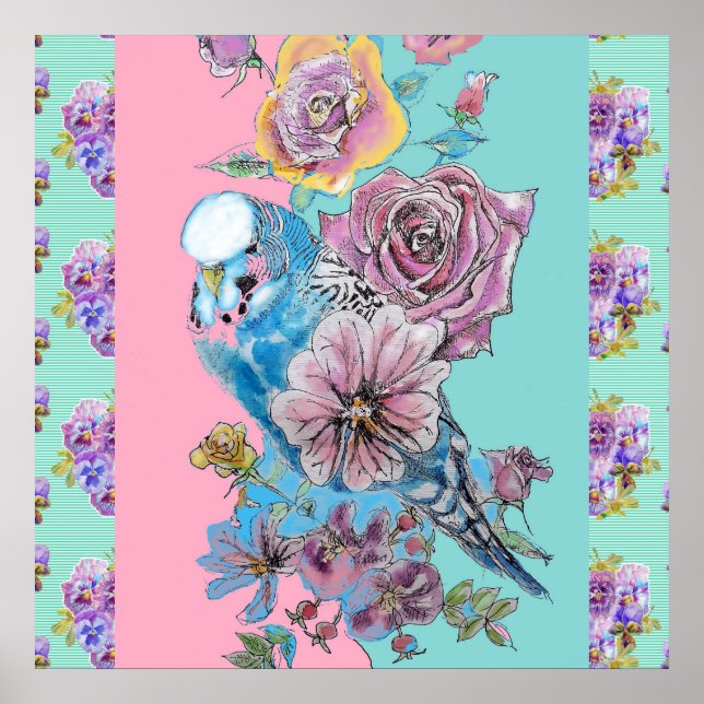 Blue Budgie Bird Rose Blume Malerei Aqua Poster (Vorne)