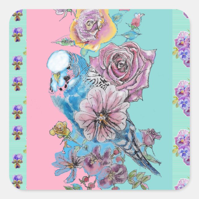Blue Budgie Bird Rose Blume Malerei Aqua Quadratischer Aufkleber (Vorderseite)