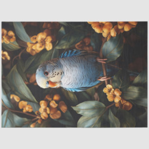 Blue Budgie Budgerigar Gelbe Blumen Dekoupage Seidenpapier