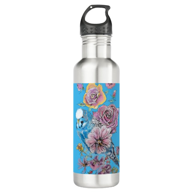Blue Budgie Budgerigar Rose Wasserfarbene Kunst Edelstahlflasche (Vorderseite)