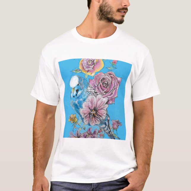 Blue Budgie Budgerigar Rose Wasserfarbene Kunst T-Shirt (Vorderseite)