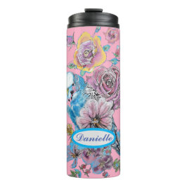 Blue Budgie Budgerigar Rose Wasserfarbene Kunst Thermosbecher