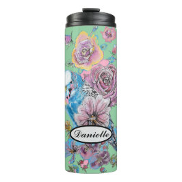 Blue Budgie Budgerigar Rose Wasserfarbene Kunst Thermosbecher
