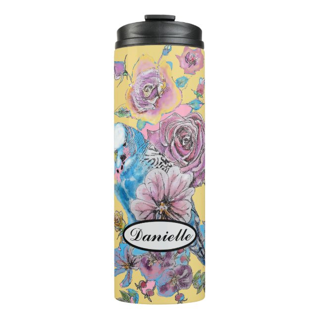 Blue Budgie Budgerigar Rose Wasserfarbene Kunst Thermosbecher (Vorderseite)