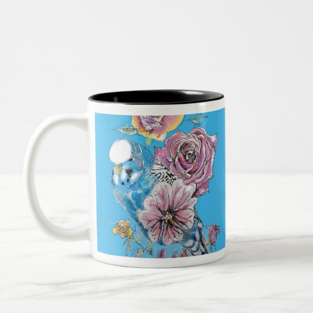 Blue Budgie Budgerigar Rose Wasserfarbene Kunst Zweifarbige Tasse (Links)