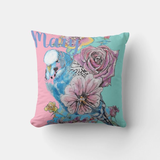 Blue Budgie Budgie Rose Blume Blumenkissen Kissen (Vorderseite)