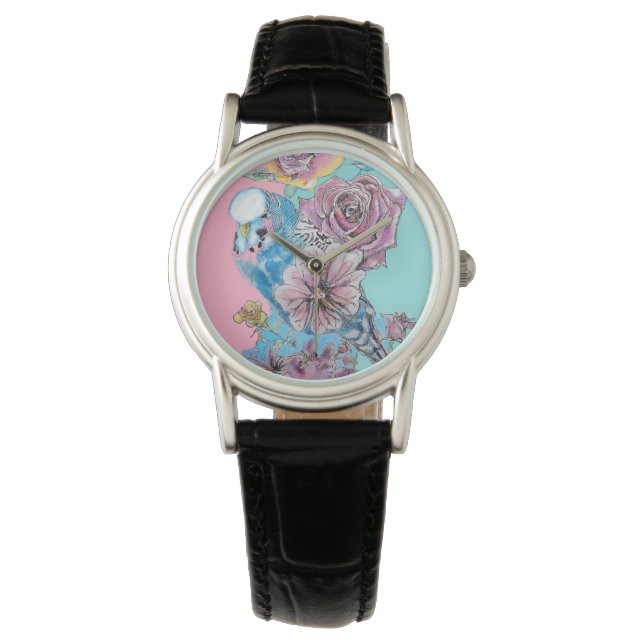 Blue Budgie Budgie Rose Blume Blumenstrauß Armbanduhr (Vorderseite)