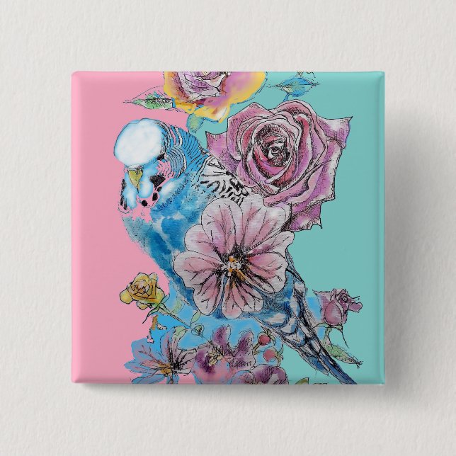 Blue Budgie Budgie Rose Blume Blumenstrauß Button (Vorderseite)