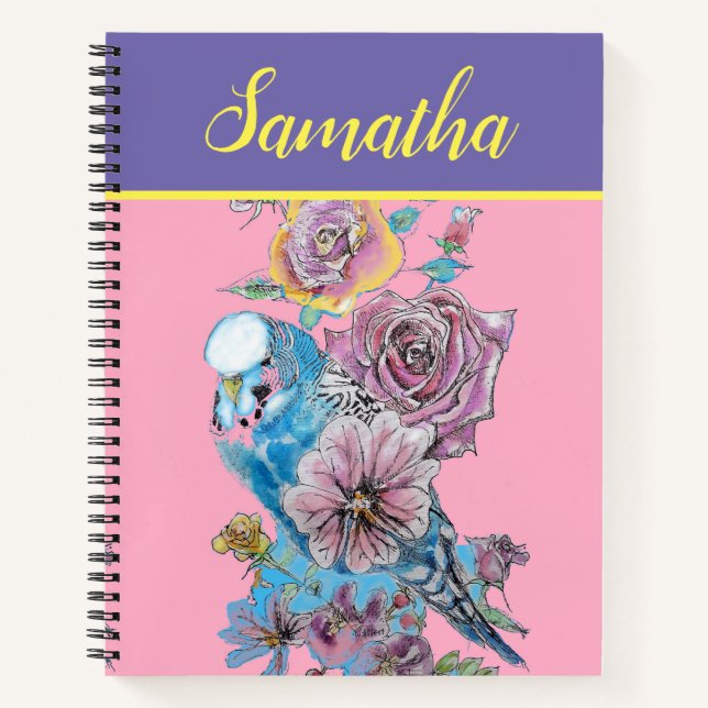 Blue Budgie Budgie Rose Blume Wasserfarbe Notizbuch (Vorderseite)