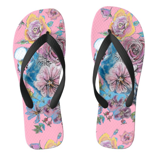 Blue Budgie Budgies Pink Rose Blumenmuster Flip Flops (Fußbett)