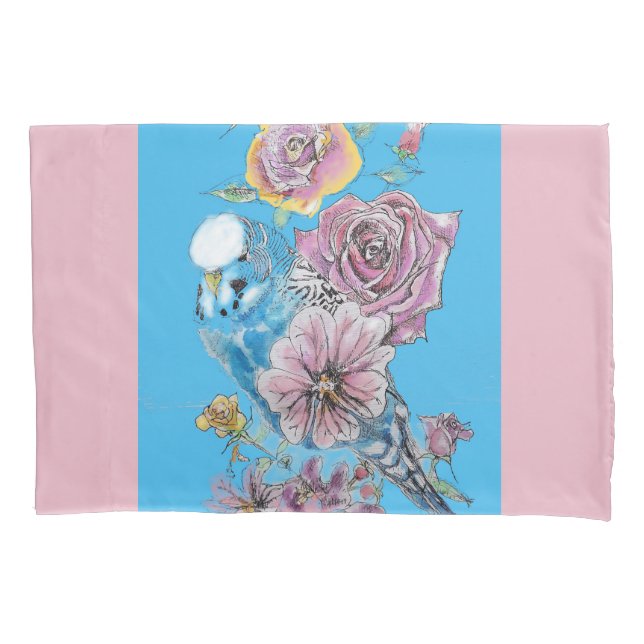 Blue Budgie Niedlich Whimsical Pink Blue Girls Bab Kissenbezug (Vorderseite)