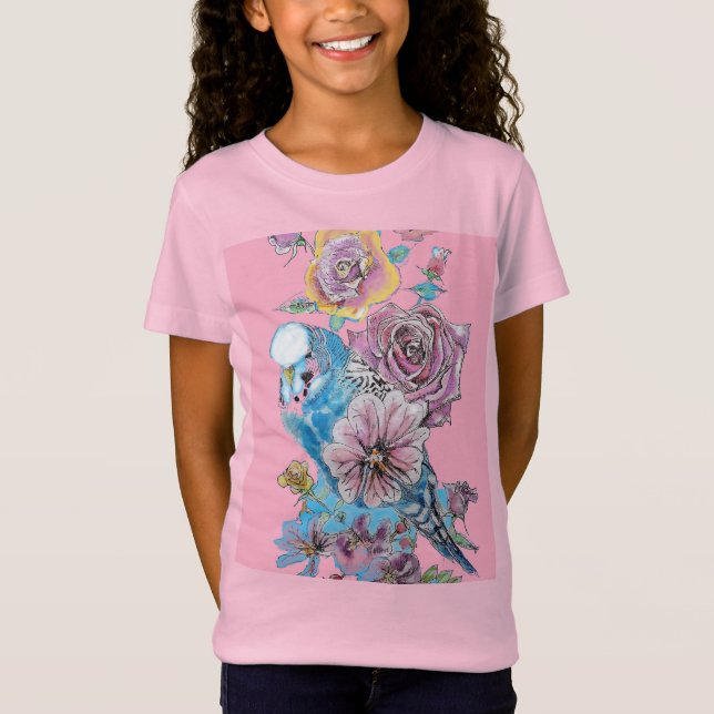 Blue Budgie Niedlich Whimsical Pink Girls T Shirt (Vorderseite)