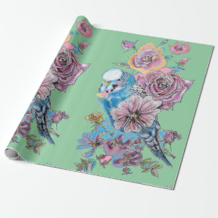 Blue Budgie Rose Art Blume Watercolor Wrackon Geschenkpapier