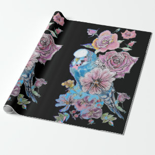 Blue Budgie Rose Art Blume Watercolor Wrackon Geschenkpapier
