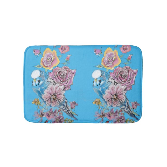 Blue Budgie & Rose Blume Bath Mat Badematte (Vorderseite)