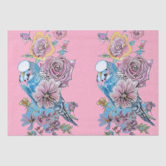 Blue Budgie Rose Blumenmuster Pink Tissue Paper Seidenpapier (Vorderseite)