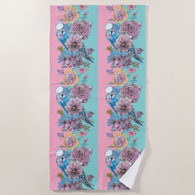 Blue Budgie & Rose Floral Budgerigar Vogelarten Strandtuch (Vorderseite)