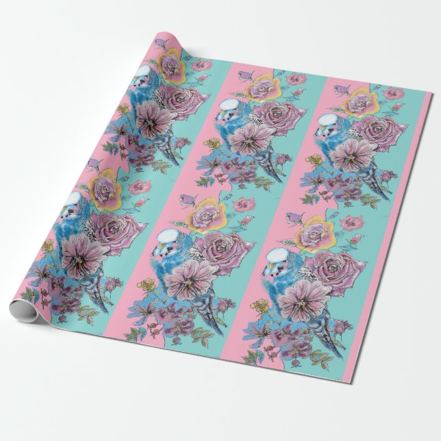 Blue Budgie Rose Kunst Blume Budgies Parrot Pink Geschenkpapier (Ungerollt)