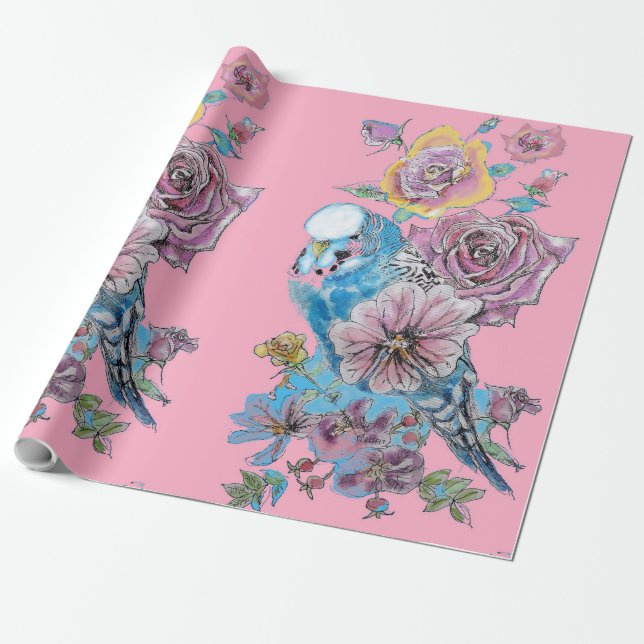 Blue Budgie Rose Kunst Blume Watercolor Wrapping Geschenkpapier (Ungerollt)
