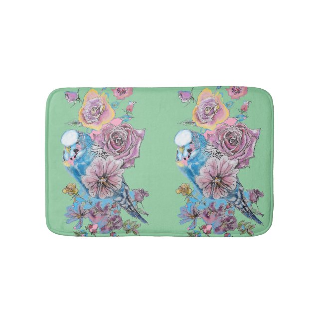 Blue Budgie & Rose Kunst, Dichtung und Blume Grün Badematte (Vorderseite)