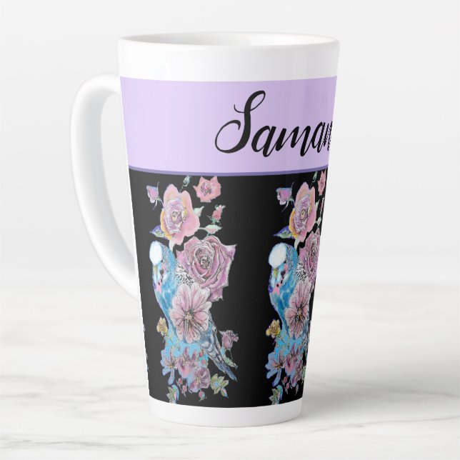 Blue Budgie Rose Lavender lila Art Malerei Tasse (Linke Ecke)