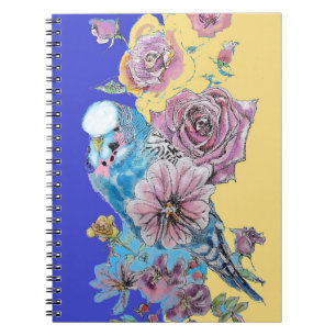 Blue Budgie Rose Watercolor Navy Bird Notebook Notizblock