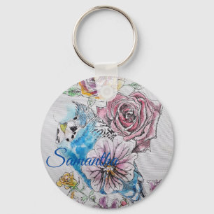 Blue Budgie & Roses Watercolor Girls Name Key Ring Schlüsselanhänger
