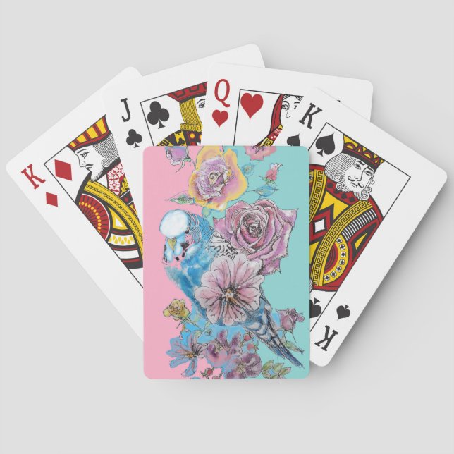 Blue Budgie Rote Rose Blume Aqua Cards Set Spielkarten (Rückseite)
