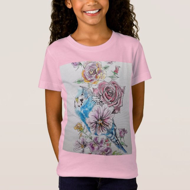 Blue Budgie & Rote Rose Blume Girls T Shirt (Vorderseite)