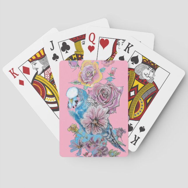 Blue Budgie Rote Rose Blume Pink Cards Set Spielkarten (Rückseite)