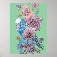 Blue Budgie Rote Rose Green Watercolor Art Poster