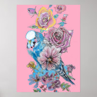 Blue Budgie Rote Rose Pink Aquarellkunst Poster