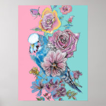 Blue Budgie Rote Rose Pink Aquarellkunst Poster