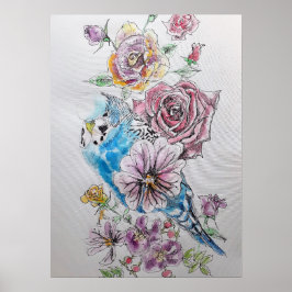Blue Budgie & Rote Rose Poster