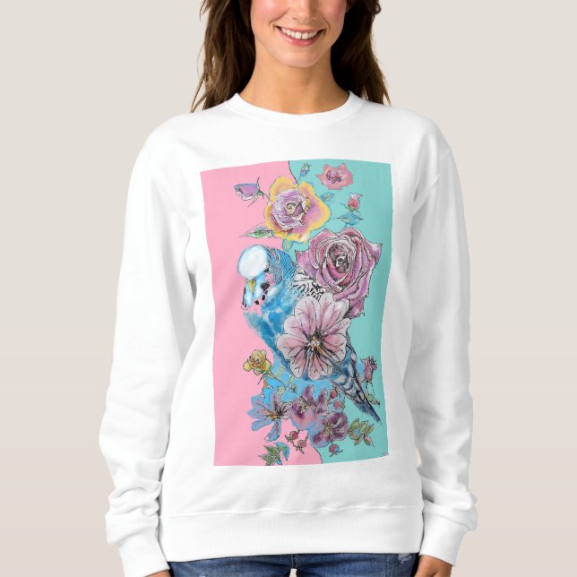 Blue Budgie Rote Rose Wasserfarbe Blumenvogel Sweatshirt (Vorderseite)