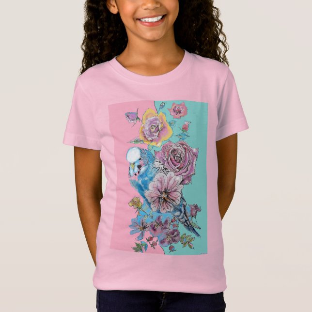 Blue Budgie Rote Rose Watercolor T-Shirt (Vorderseite)