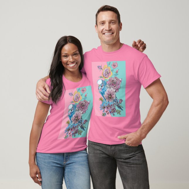 Blue Budgie Rote Rose Watercolor T-Shirt (Unisex)