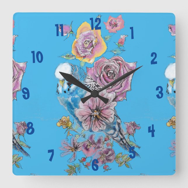 Blue Budgie Watercolor Azure Womans Office Clock Quadratische Wanduhr (Vorderseite)