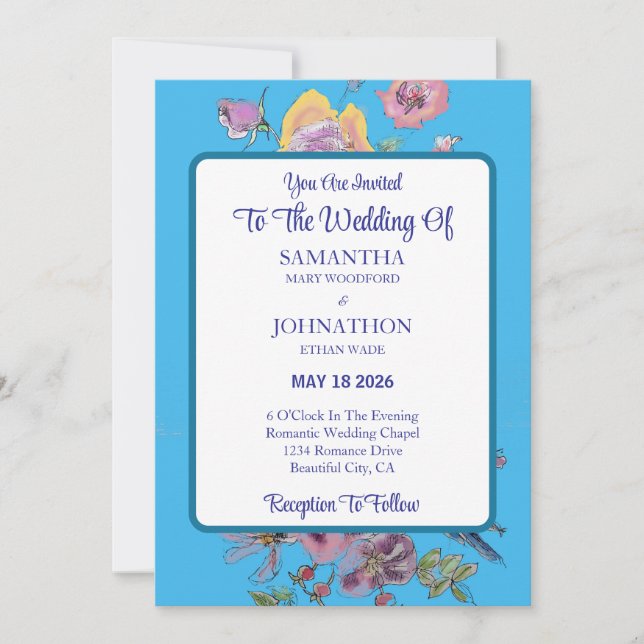 Blue Budgie Watercolor Blume Hochzeit Einladung (Vorderseite)