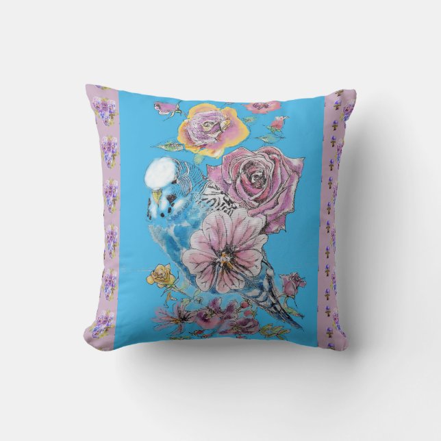 Blue Budgie Watercolor Lilac Blumendekissen Kissen (Vorderseite)